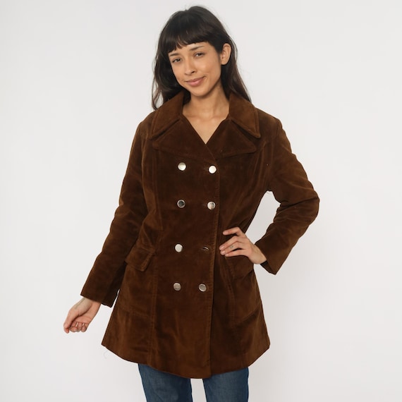 70s Chocolate Brown Corduroy Coat Double Breasted Knee Length Fleece Lined Metal Buttons Long Sleeve Vintage Winter Coat Bohemian Medium M