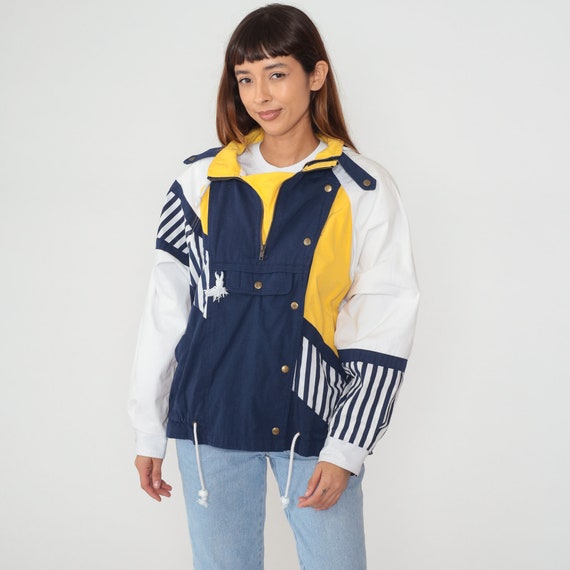 Hooded Windbreaker Jacket 90s Quarter Zip Snap Up Hoodie White Yellow Navy Blue Color Block Striped Retro Hood Vintage 1990s Mens Medium M