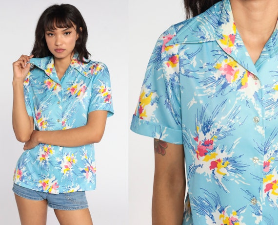 70s Shirt Abstract Floral Print Blouse Boho Top H… - image 1