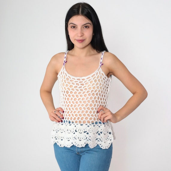 White Crochet Tank Top 70s Sheer Cutout Shirt Purple Ribbon Summer Festival Boho Blouse Open Weave Hippie Acrylic Mesh Vintage 1970s Small S