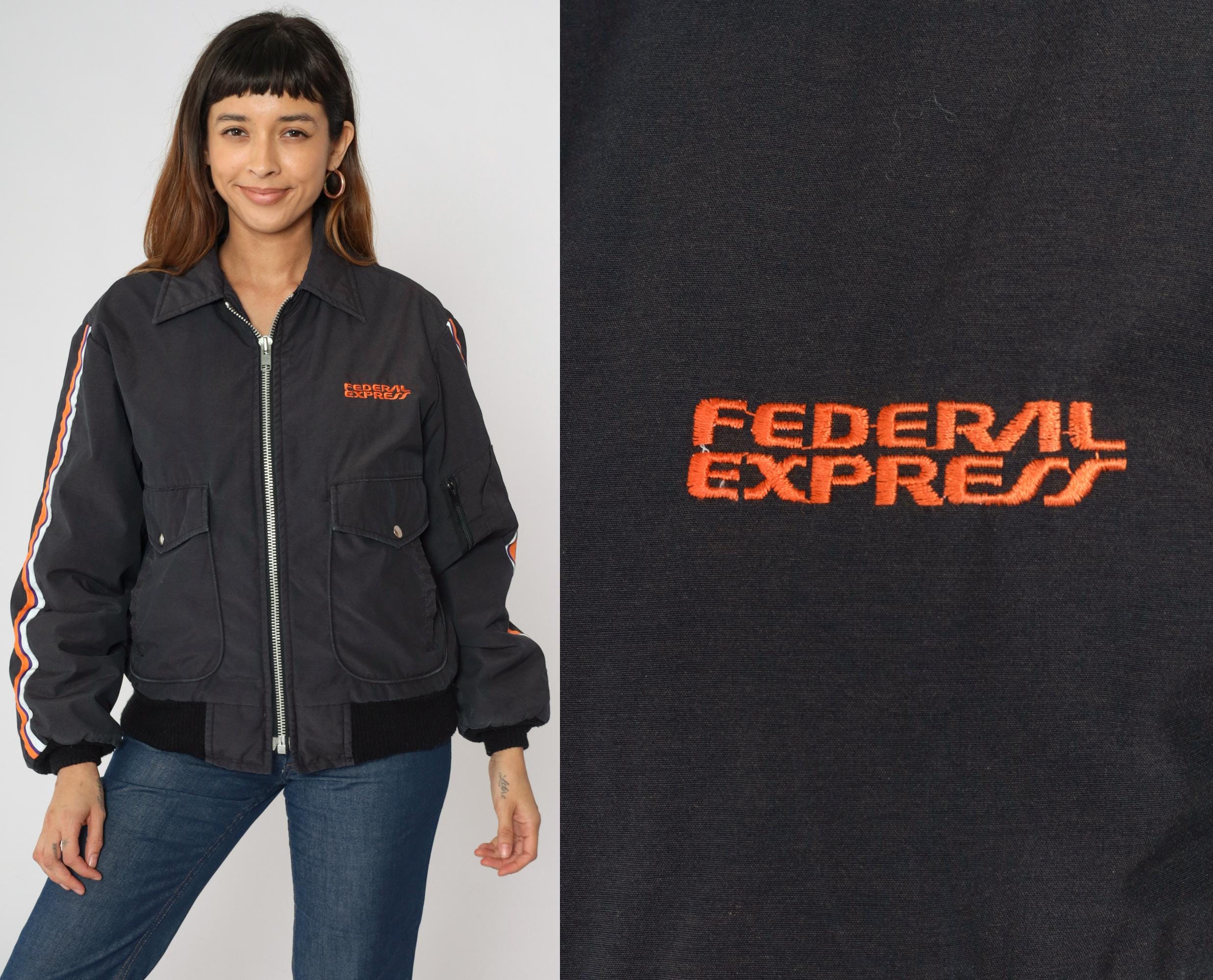 Vintage 70s Federal Express Jacket Black Bomber Jacket Striped Utility Pocket Jacket 1970s Fedex Uniform Jacket Retro Workwear Medium Etsy
