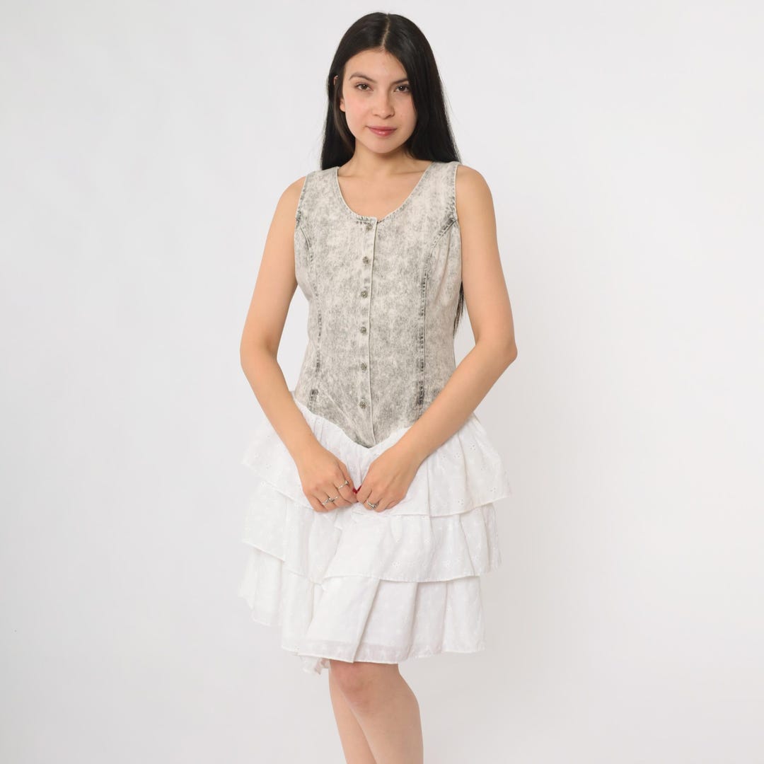Acid Wash Dress Basque Waist 90s Button Front White Ruffle Skirt Mini ...