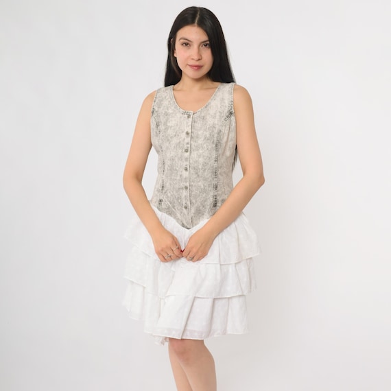 Acid Wash Dress Basque Waist 90s Button Front White Ruffle Skirt Mini Prairie Cottagecore Western Grunge Festival Romantic West Small S 7