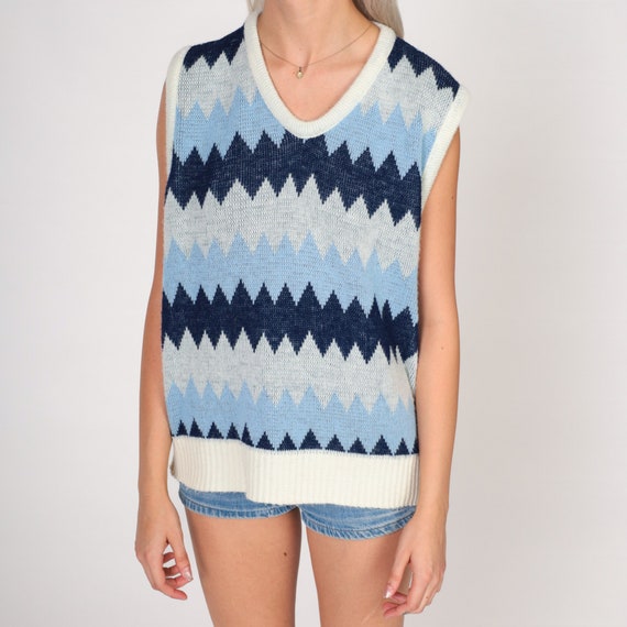 Chevron Striped Sweater Vest 70s Blue White Pullo… - image 6