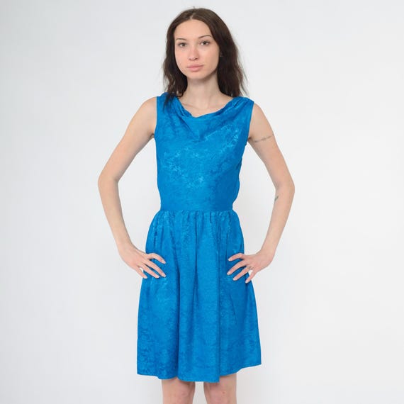 60s Jacquard Cocktail Dress Vintage Blue Floral Party Sleeveless Cowl Neck Fit and Flare 1960s Formal Evening High Waist Extra Small xs