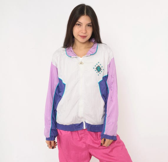 90s Windbreaker White Purple Color Block Zip Front Jacket Southwestern Embroidered Teal Piping Sporty Track Lilac Womens Vintage Small S