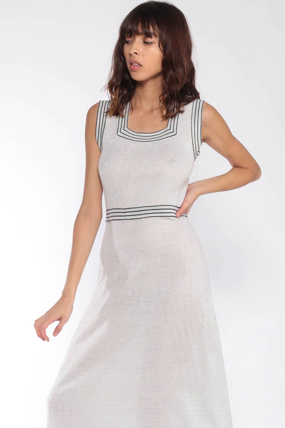 Metallic Knit Dress -- Silver Sweater Dress 70s Maxi Sparkly Holiday Cocktail 1970s Vintage 