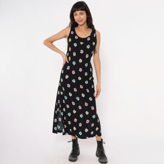 Daisy Print Dress 90s Floral Black Sleeveless Scoop Neck Cottagecore Summer Spring Prairie Multicolor Pink Yellow Blue White Vintage Large L