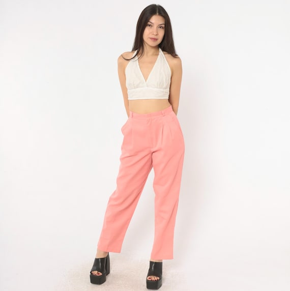 70s Peach Pants High Waist Straight Leg Coral Pink Trousers Salmon Pleated Front Pocket Disco Era Barbiecore Coquette Vintage Womens Small S