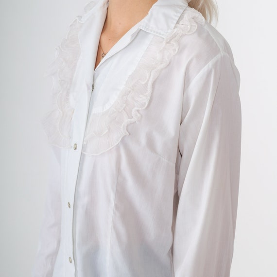 White Ruffle Blouse 70s Tuxedo Shirt Snap Button … - image 5