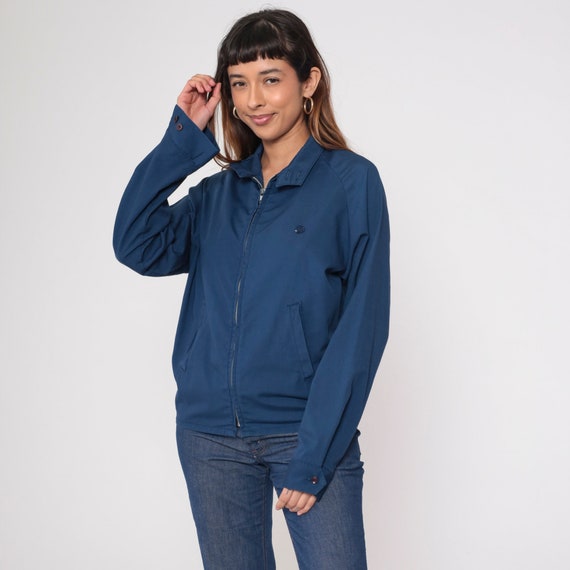 80s Navy Blue Windbreaker Jacket Plain Zip Up Raglan Sleeve Jacket Sports Vintage 1980s Embroidered Crest Medium