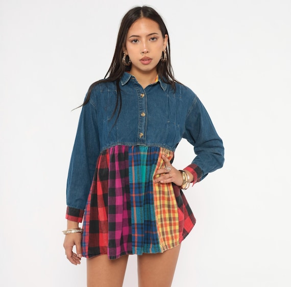 90s Babydoll Mini Denim Dress Patchwork Plaid Dress Cotton Colorful Flannel Grunge Prairie Shirt Navy Pink Vintage Petite Extra Small XS