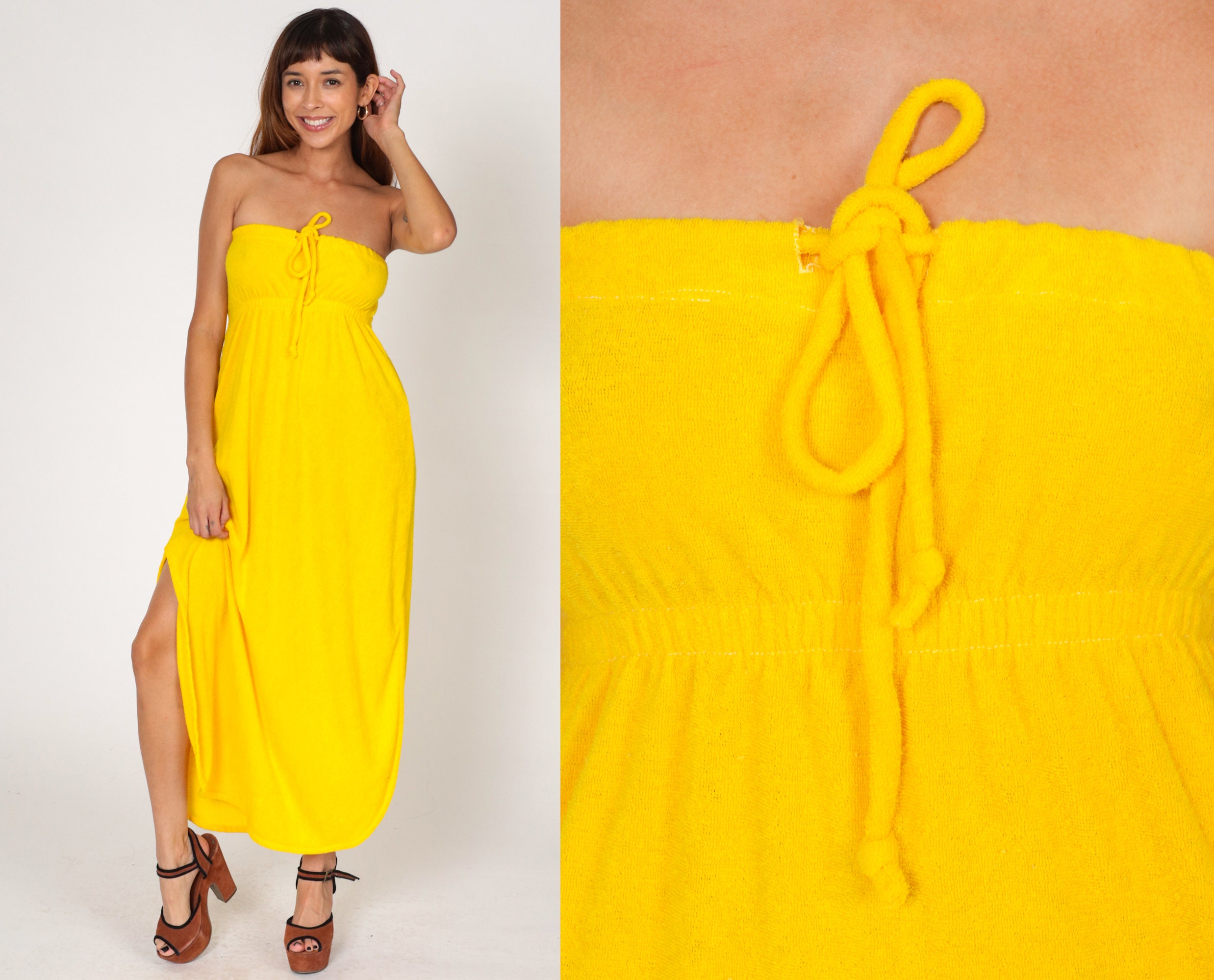 80s Terry Cloth Dress Yellow Strapless Maxi Dress Sundress Disco Boho Beach Coverup 1980s Hippie