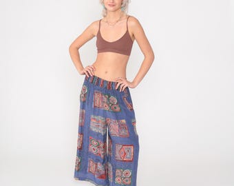 Pantalones anchos vintage de los años 90, estilo palazzo hippie geométrico, cintura alta, estampado patchwork azul, holgados y fluidos, talla pequeña y mediana.