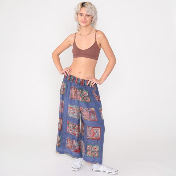 Vintage Wide Leg Pants 90s Geometric Palazzo Hippie Trousers High Waist Blue Patchwork Print Baggy Loose Flowy Summer 1990s Small Medium