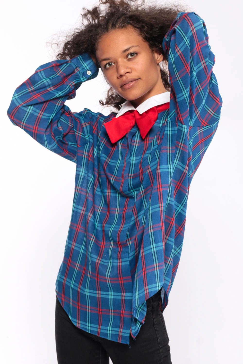 Plaid Bow Blouse PUFF Sleeve Shirt 80s Shirt Button Down Top 1980s Vintage Red Blue Long Sleeve 