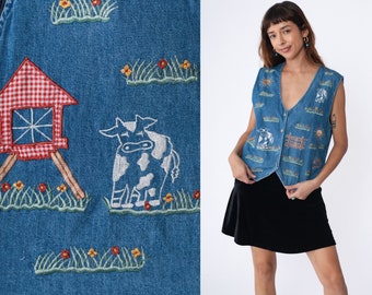 Farm Print Vest jaren '90 Denim Button up Vest Geborduurd Koe Bloem Top Nieuwigheid Dieren Shirt Kitsch Mouwloos Blauw Jean Vintage jaren 1990 Grote L