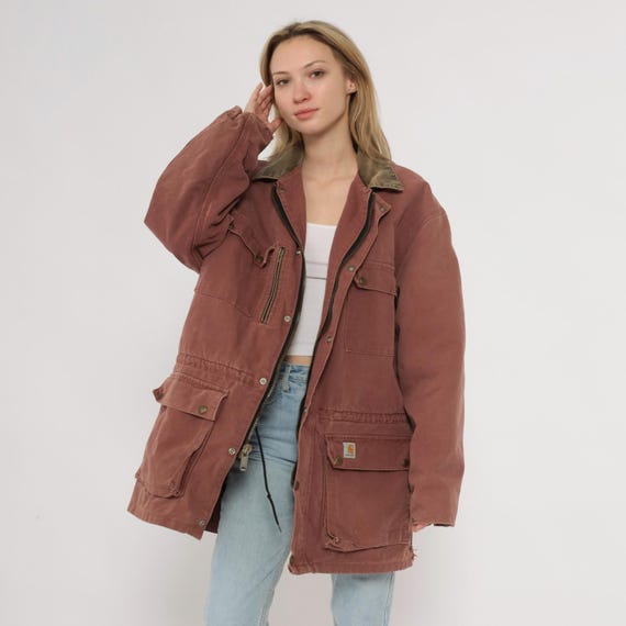 Mauve Carhartt Jacket 90s Brown Workwear Chore Coat Canvas Duck Cotton Blanket Lined Utility Grunge Distressed Alt Streetwear Extra Large XL
