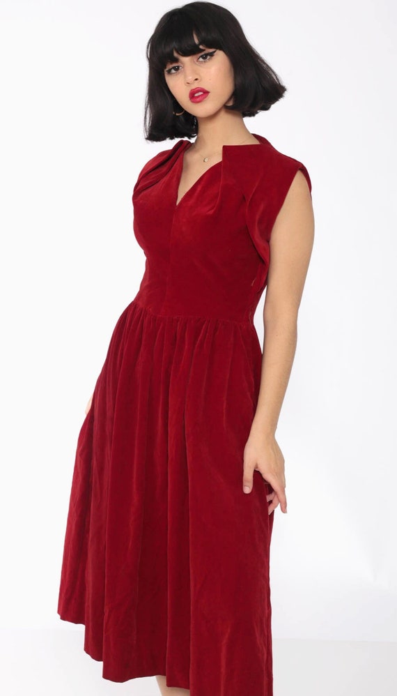 50s Velvet Dress Red Formal Party Velvet Midi 1960s Mad Men Tea Length Pin Up 1950s Vintage Fit and Flare Cocktail Extra Small xs s