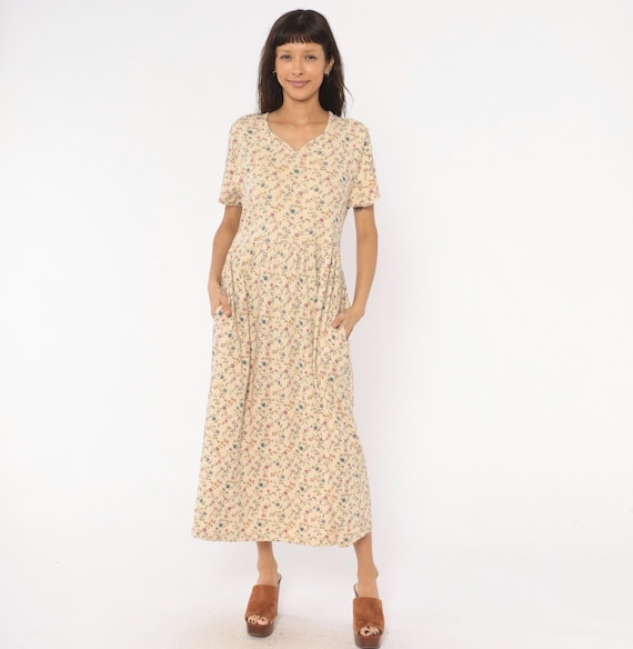 90s Ditsy Floral Maxi Dress Cream Cotton Prairie Short Sleeve Tie Cottagecore Summer Garden Tea Party Calico Blair Vintage Medium Petite MP