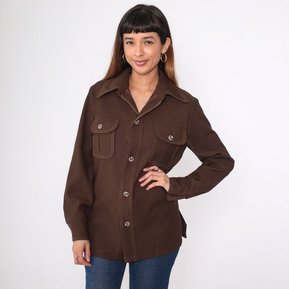70s Button Up Shirt Chocolate Brown Top-Stitch Re… - image 2