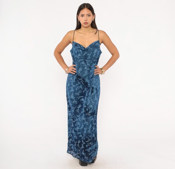 90s Blue Floral Slip Dress Glitter Navy Spaghetti Strap Sweetheart Neckline Sheer Coquette Fairy Gown Sleeveless Summer Vintage Large L