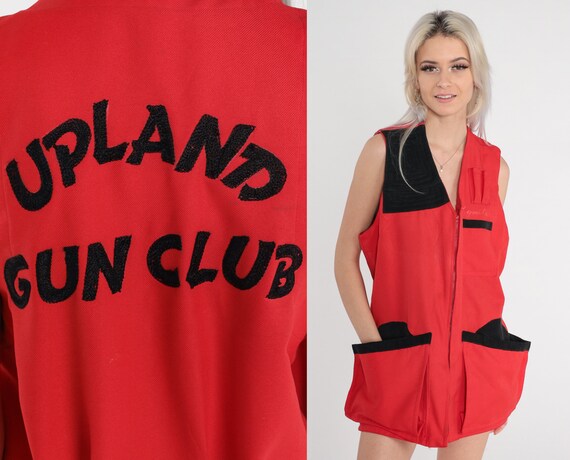 Upland Gun Club Vest 70s Red Hunting Vest Retro Utility Sleeveless Jacket Commando Cargo Pocket Zip Up Hiking Black Vintage 1970s Large L