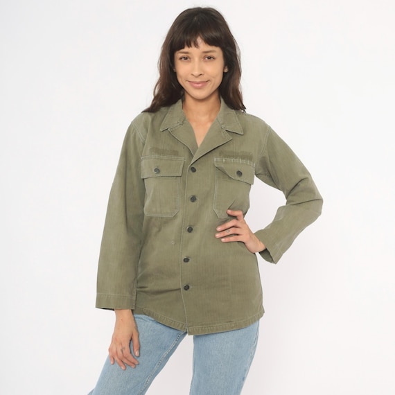 40s HBT Military Jacket Olive Drab Army Field Shirt Collar Four Pocket Utility Cotton Herringbone Twill WWII Era Vintage Green Coat Small S