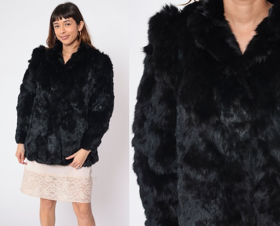 Rabbit Fur Coat 80s Black Fur Jacket Boho Glam Bohemian Jacket Hook and Eye Rockstar Girlfriend Winter Vintage 1980s Somerset Furs Medium M