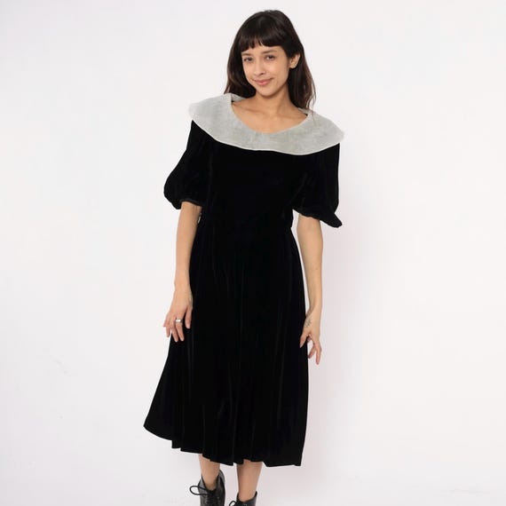 Gothic Black Velvet Dress White Contrast Collar Y2K Off Shoulder Puff Sleeve Victorian Cottagecore Dark Academia Grunge Party Alt Medium M