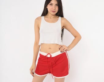 70s Red Running Shorts Cotton White Trim Athletic Gym Track Jogging Short Allen A Button Back Pocket Surf Swim Summer Beach Vintage Large L