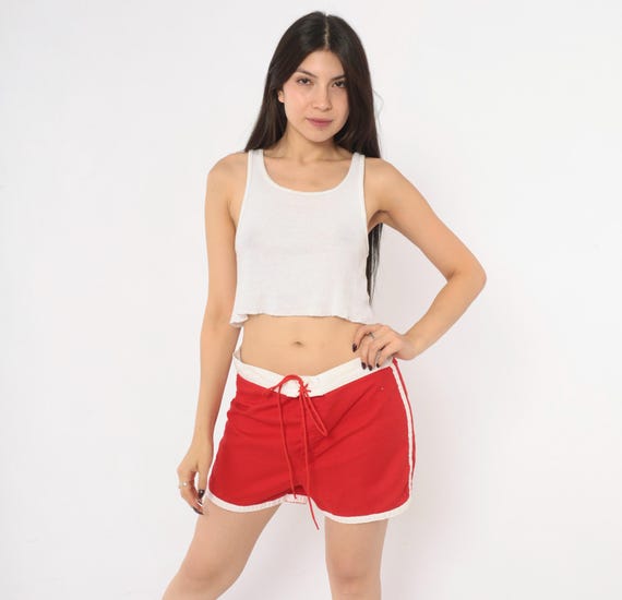 70s Red Running Shorts Cotton White Trim Athletic Gym Track Jogging Short Allen A Button Back Pocket Surf Swim Summer Beach Vintage Large L