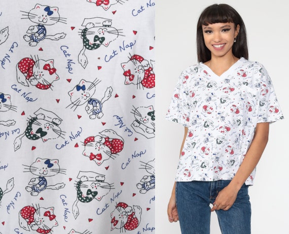 Cat Shirt Cat Nap Pajama Shirt Kitten Tshirt KITTEN Animal Top 90s Graphic Pink Green Kawaii Tee Retro 1990s Vintage Tee T Shirt