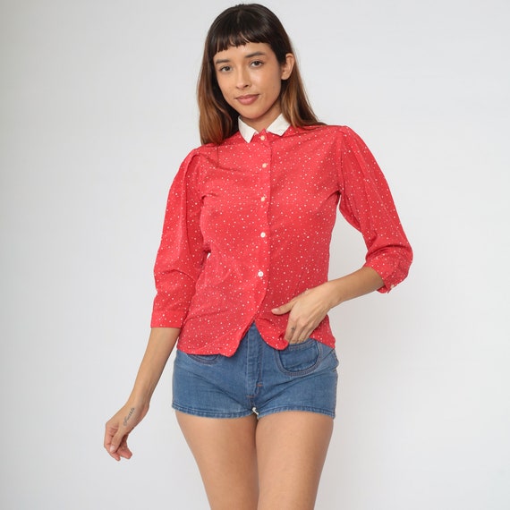 Polka Dot Blouse 80s Red Puff Sleeve Shirt Button Up Top Kawaii White Collar Vintage 3/4 Sleeve Blouse Boho Retro 1980s Extra Small xs