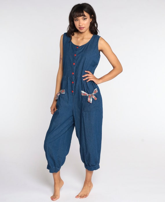 Soft Denim Jumpsuit 80s Button Up Pantsuit Cropped Pants Dark Blue Jumpsuit Vintage Romper 90s Baggy Sleeveless Medium Large