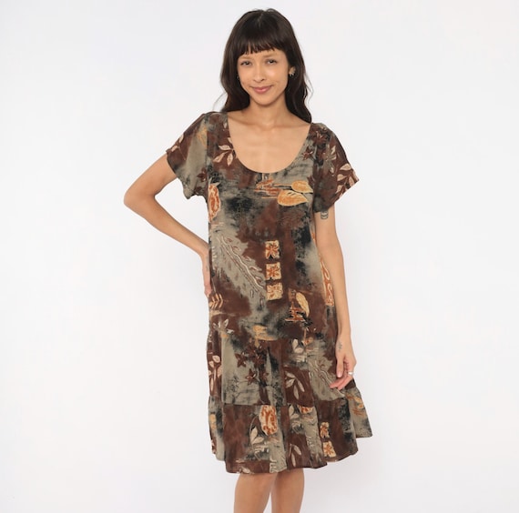 90s Botanical Leaf Print Dress Brown Drop Waist Short Sleeve Earth Tone Floral Patchwork Chocolate Tan Coffee Black Autumn Fall Medium M