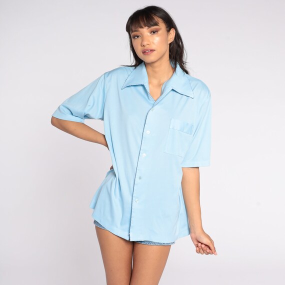 Baby Blue Button Up Shirt 70s Dagger Collar Hippie Boho 1970s Shirt Disco Top Vintage Collared Plain Short Sleeve Men's Large L