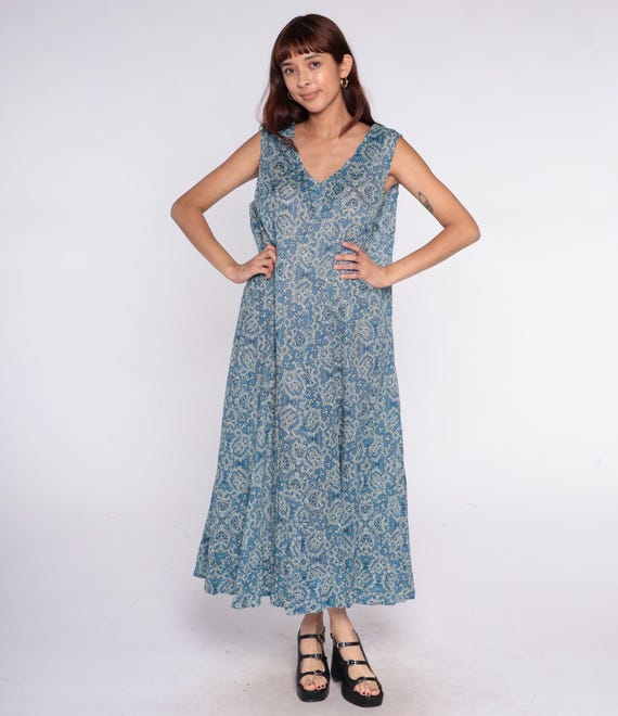 Blue Paisley Dress Y2K Sleeveless V Neck Plus Size Cotton Coldwater Creek Prairie Flowy A Line Summer Beach Vintage Extra Extra Large XXL