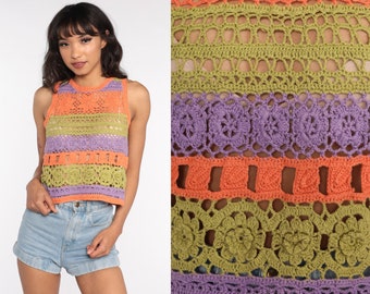 Sheer Crochet Top Floral Tank Festival Boho Blouse Mesh 90s Open Weave Tunic Crop 1990s Hippie Cutwork Bohemian Knit Purple Orange Small S