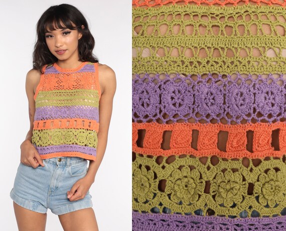 Sheer Crochet Top Floral Tank Festival Boho Blouse Mesh 90s Open Weave Tunic Crop 1990s Hippie Cutwork Bohemian Knit Purple Orange Small S