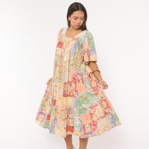 90s Patchwork Tile Print Dress Cotton Muumuu Mosaic Floral Button Front Flutter Sleeve Tiered Relaxed Fit Kaftan Summer Cottagecore Medium M