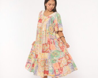 90s Patchwork Tile Print Dress Cotton Muumuu Mosaic Floral Button Front Flutter Sleeve Tiered Relaxed Fit Kaftan Summer Cottagecore Medium M