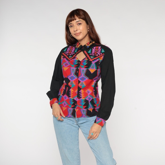 90s Western Shirt Red Black Southwestern Aztec Print Western Plains Trading Co Button Front Rodeo Ranch Wear Cowgirl Geometric Medium M