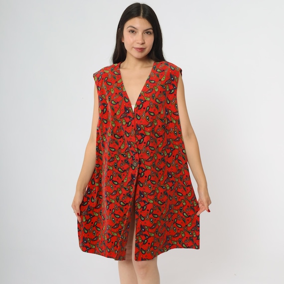 Red Paisley Dress 60s Deep V Neck Sleeveless Mini Shift A Line Mod Psychedelic Groovy Go Go Dancing Twiggy Style Vintage Extra Large XL