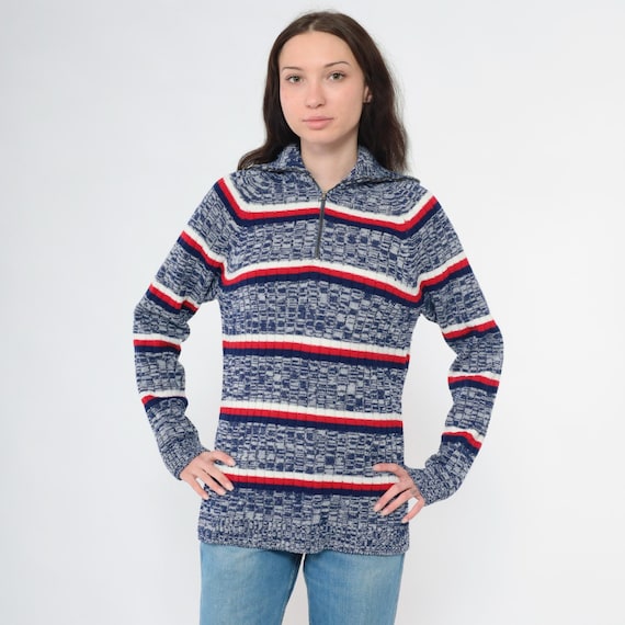 Vintage Space Dye Striped Sweater 70s Flecked Blue Red White Knit Pullover Sweater Retro Quarter Zip Fall Acrylic 1970s Preppy Small Medium