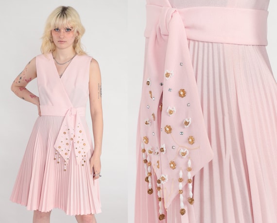Pink Party Dress 70s Beaded Pleated Pastel Mini Dress Sleeveless V Neck Wrap High Waisted Seventies Formal Cocktail Vintage 1970s Small S