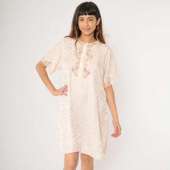 Vintage Floral Embossed Nightgown 90s Lace Slip Dress Baby Pink Chemise Lingerie Mini Button Short Sleeve Sleep Sexy Pastel Barbizon Large L