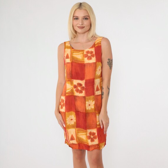 90s Orange Floral Dress Geometric Mini Tank Dress Sundress 1990s Boho Vintage Minidress Sleeveless Summer Shift Dress Yellow Small 6 Petite