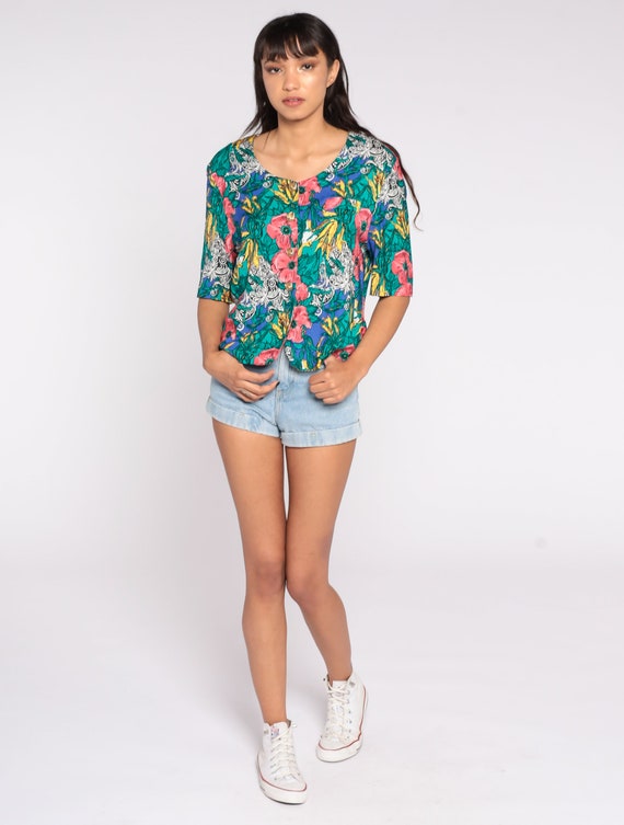 Tropical Floral Blouse 80s Button Up Short Sleeve… - image 3