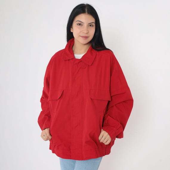80s London Fog Jacket Red Bomber Windbreaker Plain Zip Up Cargo Pocket Utility Jacket 1980s Normcore Vintage Men's Extra Large xl Long